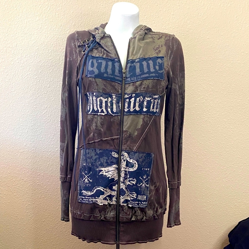 Women's Brown Patchwork Graphic Hoodie Jacket. L